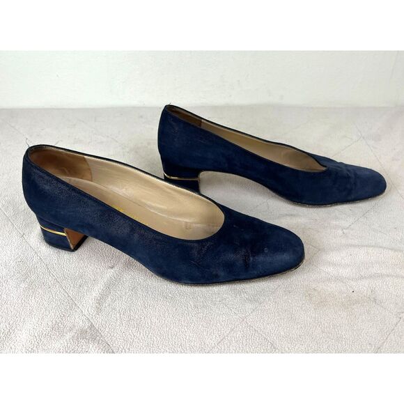 Salvatore Ferragamo Blue Suede Kitten Heel Slip On Shoes Women's Size 8 - Picture 3 of 9